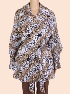 OUTERWEAR BY LISA size L Jrs brown/fawn/blue leopard-spotted trench coat